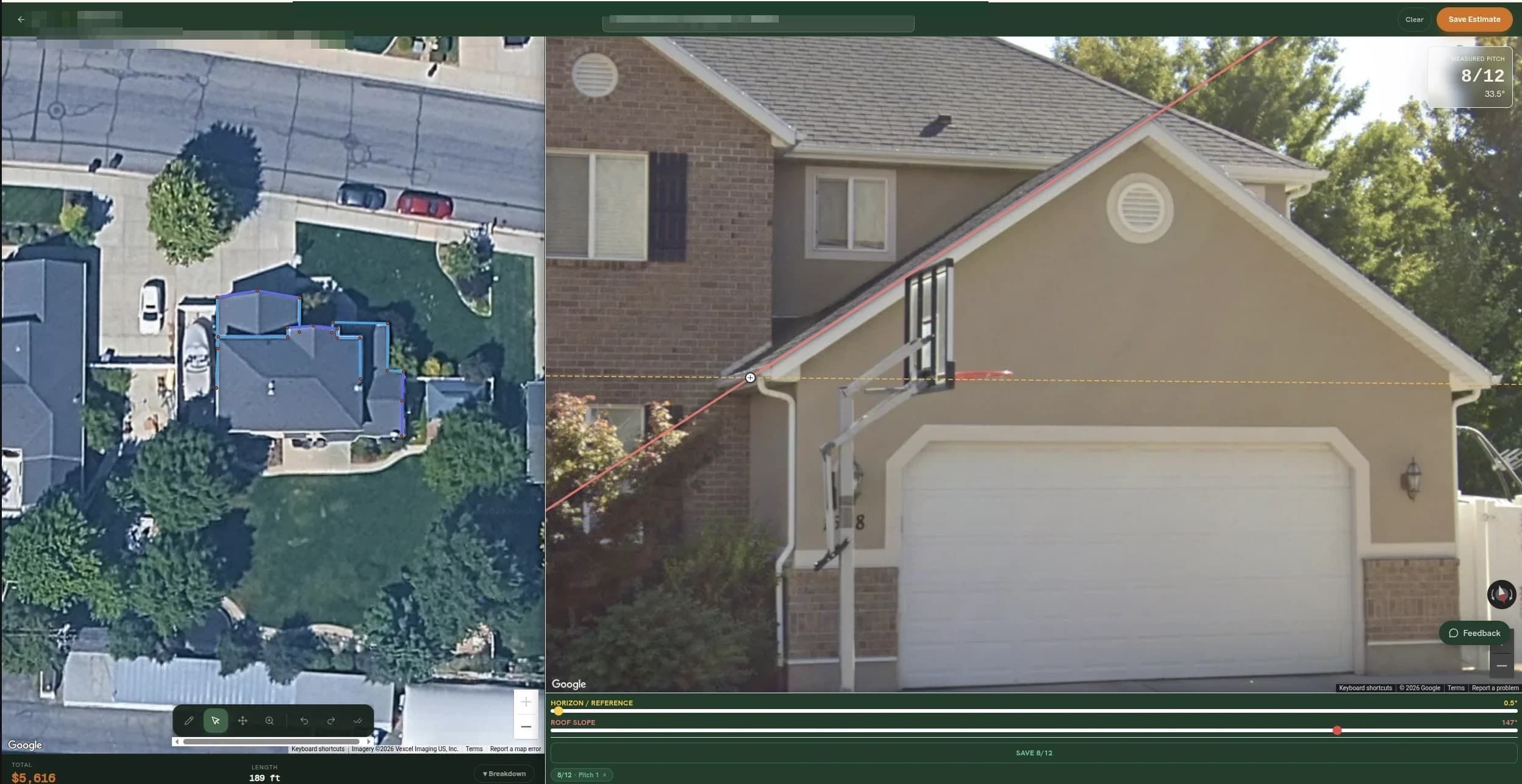 EaveHQ estimator measuring a roofline on satellite imagery with an instant price