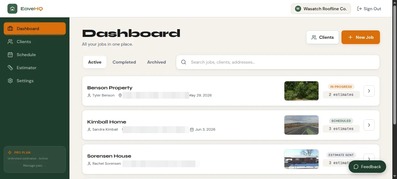 EaveHQ jobs dashboard
