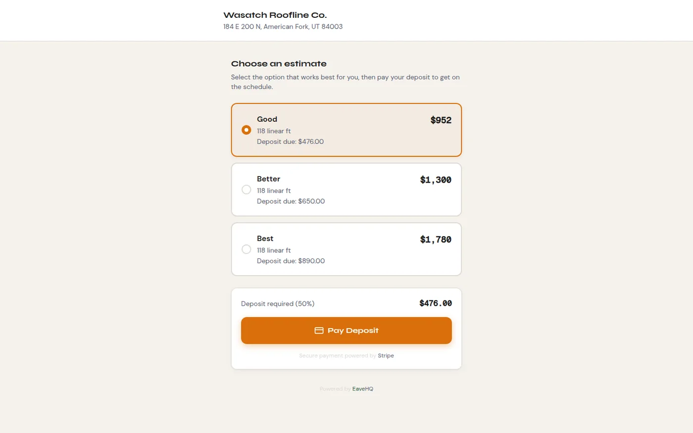 EaveHQ client proposal showing Good, Better, and Best options with a Pay Deposit button