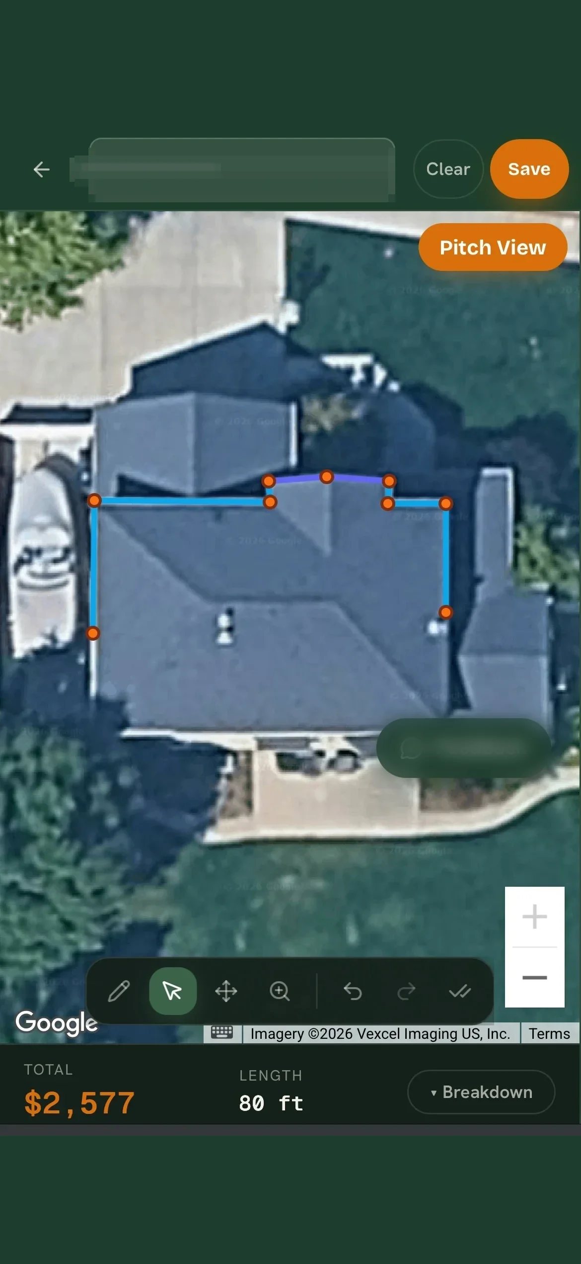 EaveHQ satellite estimator showing the traced eaves, measured footage, and price at the installer's rate.